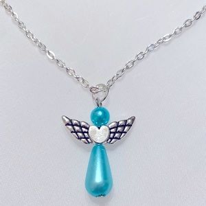 Clearance Sale Faux pearl light blue angel heart necklace silver plated chain